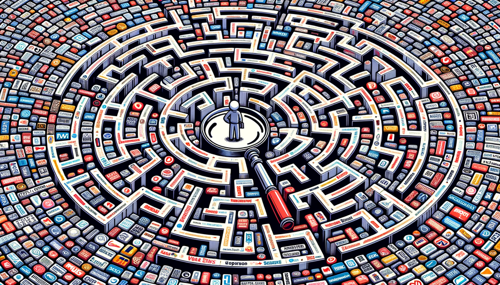 DALL·E 2023-10-04 23.56.47 - Illustration of a maze crafted from a myriad of media logos, creating a labyrinthine path. At the entrance, a reader with a magnifying glass stands, s.png