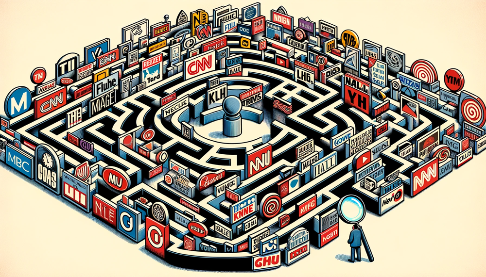 DALL·E 2023-10-04 23.56.46 - Illustration of a maze constructed from an assortment of media logos, each representing different news outlets. At the maze's starting point, a reader.png