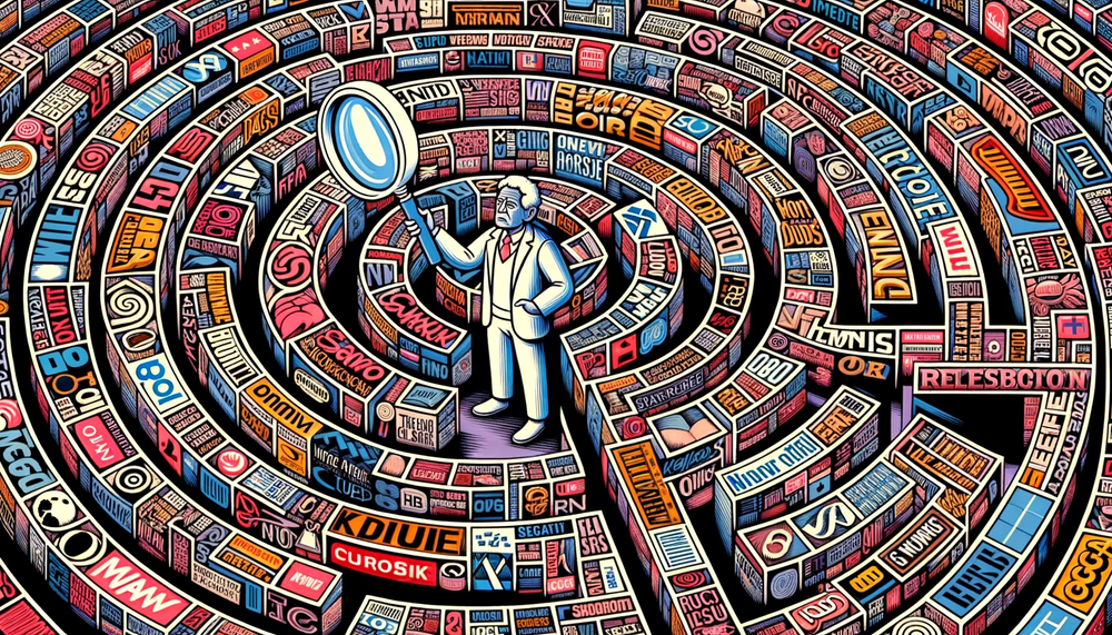 DALL·E 2023-10-04 23.56.44 - Illustration of a complex collage where various media logos are intricately arranged to form a maze's walls. At the entrance of the maze stands a read.png