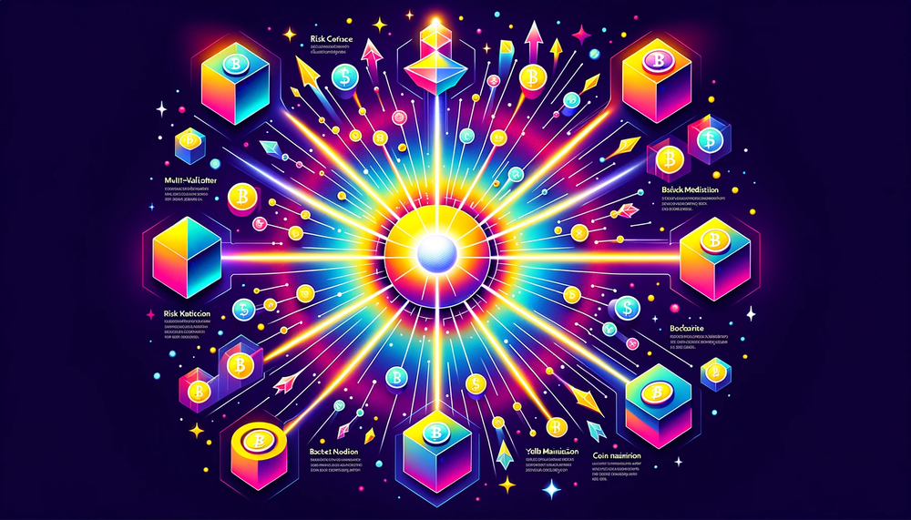 DALL·E 2023-10-05 00.40.17 - Infographic displaying a vibrant colored background with a central 'multi-validator core' depicted as a glowing orb. From this core, radiant beams ext.png