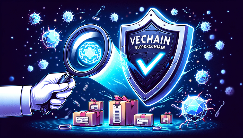 DALL·E 2023-10-09 21.28.14 - Illustration of a robust shield, representing VeChain's blockchain, deflecting counterfeit products that crash against its surface. A magnifying glass.png