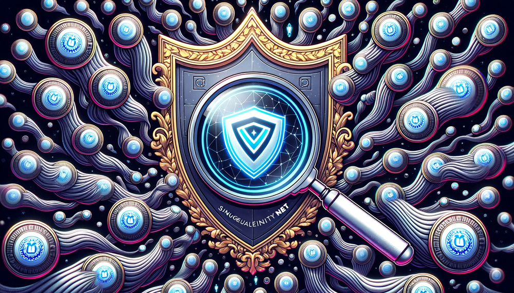 DALL·E 2023-10-09 21.28.16 - Illustration of a grand shield, bearing the VeChain emblem, set against a backdrop of swirling counterfeits. A magnifying glass, powered by Singularit.png