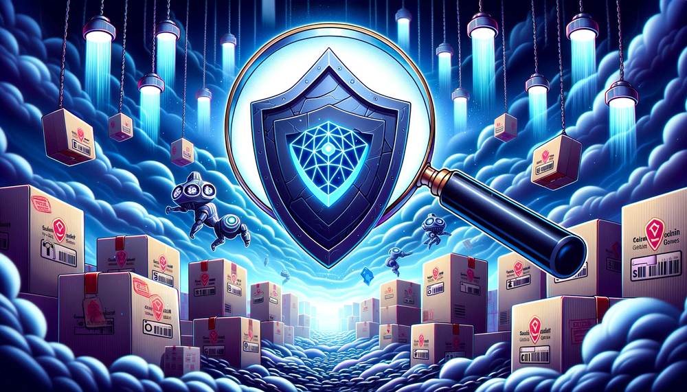 DALL·E 2023-10-09 21.28.12 - Illustration of a majestic shield, emblazoned with the VeChain logo, standing firm amidst a storm of counterfeit goods. Adjacent to the shield, a magn.png