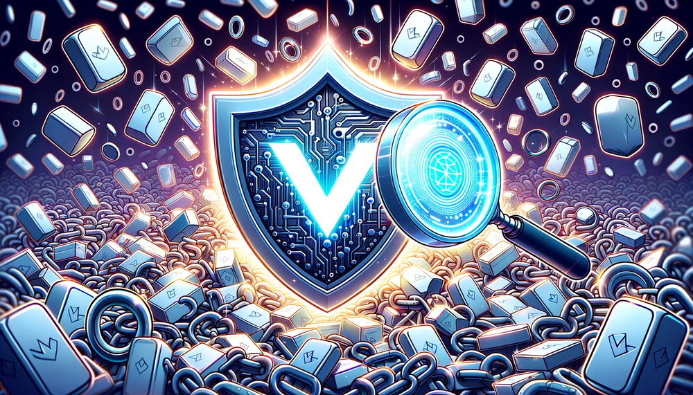 DALL·E 2023-10-09 21.56.18 - Illustration of a radiant shield, etched with the VeChain symbol, standing amidst a chaotic sea of counterfeit items. Beside the shield, a luminescent.png