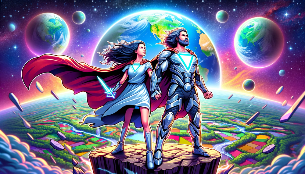 DALL·E 2023-10-09 22.03.48 - Illustration of two warriors, personifying VeChain and SingularityNET, standing victorious on a vantage point, with a vibrant world unfolding below th.png