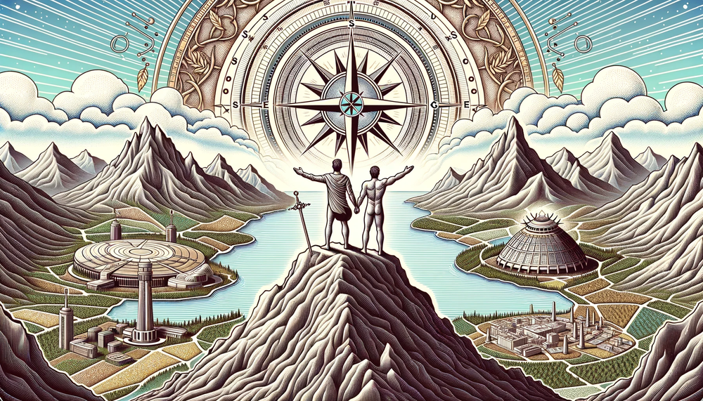 DALL·E 2023-10-09 22.03.45 - Illustration in a detailed map style, showing two heroic figures representing VeChain and SingularityNET, standing atop a detailed mountain peak with .png