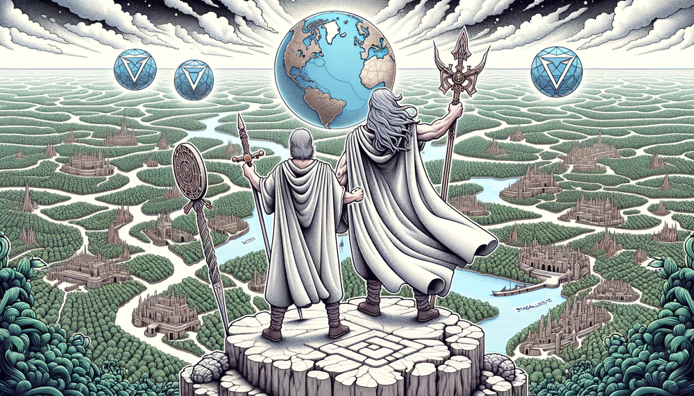 DALL·E 2023-10-09 22.03.40 - Illustration in a detailed map style, showcasing two warriors personifying VeChain and SingularityNET, standing victorious on a detailed vantage point.png