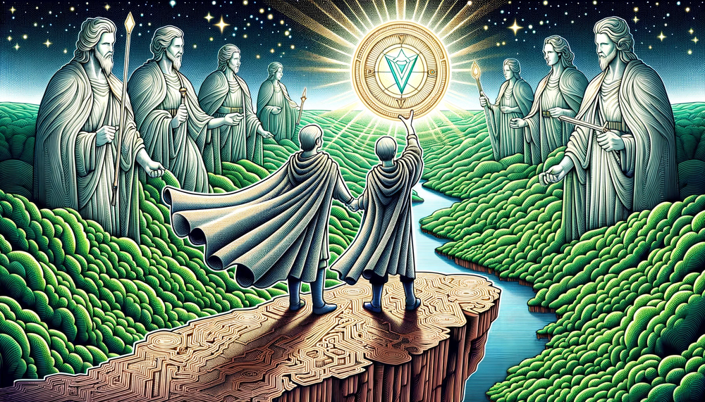 DALL·E 2023-10-09 22.03.42 - Illustration in a detailed map art style, depicting two champions emblematic of VeChain and SingularityNET, standing side by side on an intricately dr.png