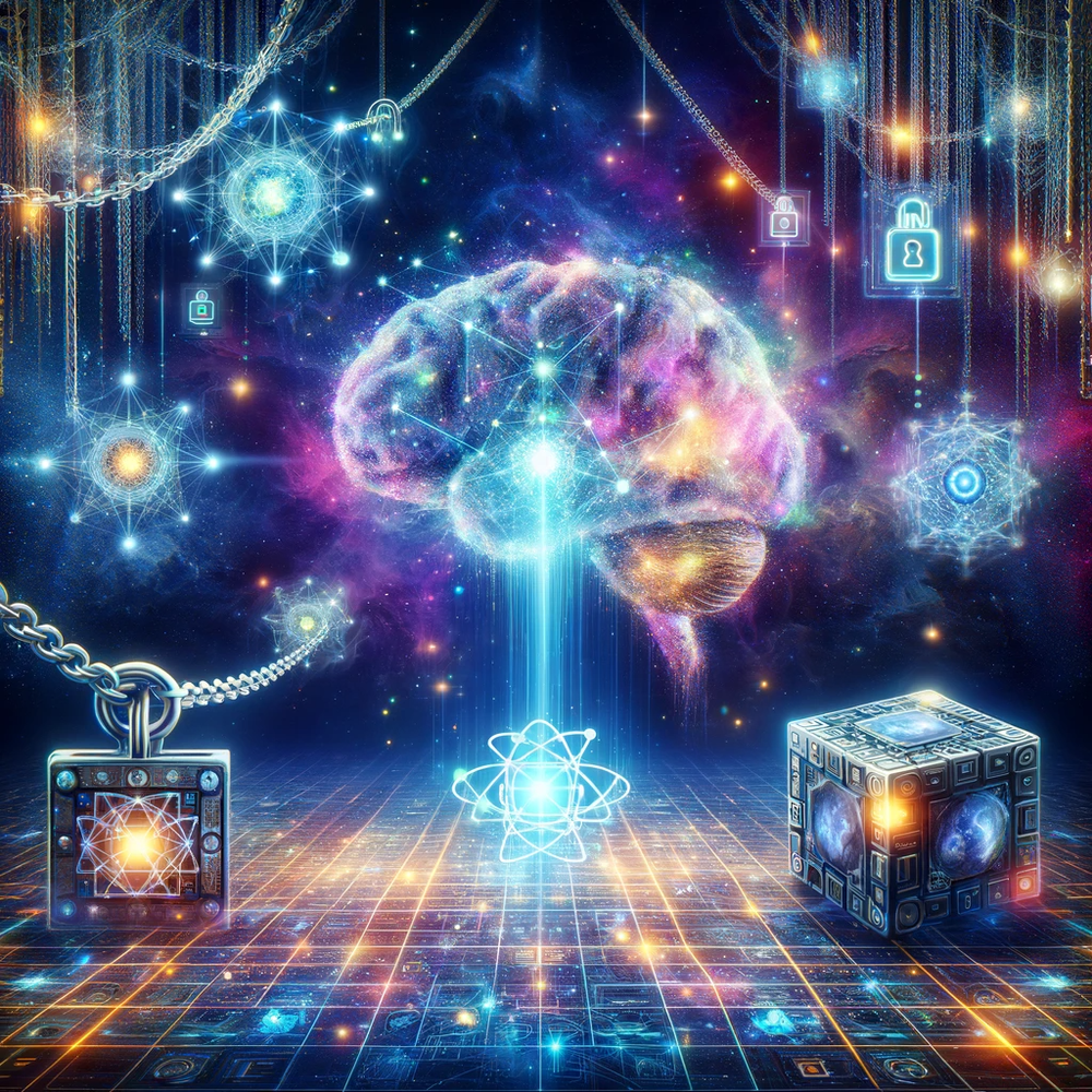 DALL·E 2024-01-04 12.33.20 - A digital cosmos background featuring the convergence of AI and blockchain technologies. Visual elements include neural networks, digital brains, chai.png