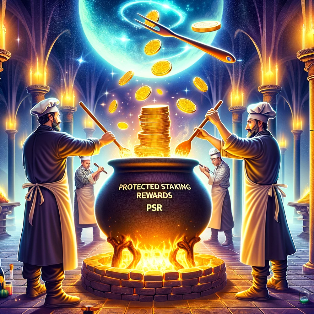 DALL·E 2024-01-04 12.59.35 - An illustration of the Master Chefs of Marinade Finance concocting the Protected Staking Rewards (PSR) potion in a grand, magical kitchen. The scene s.png