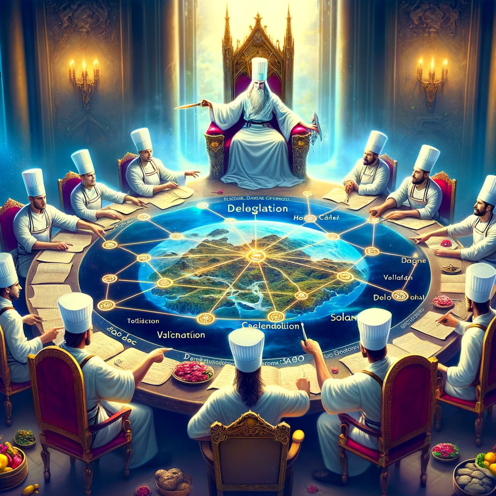 DALL·E 2024-01-04 13.00.03 - A visual depiction of the Marinade DAO chefs strategizing around a mystical map of the Solana network. The map should be laid out on a grand table in .png