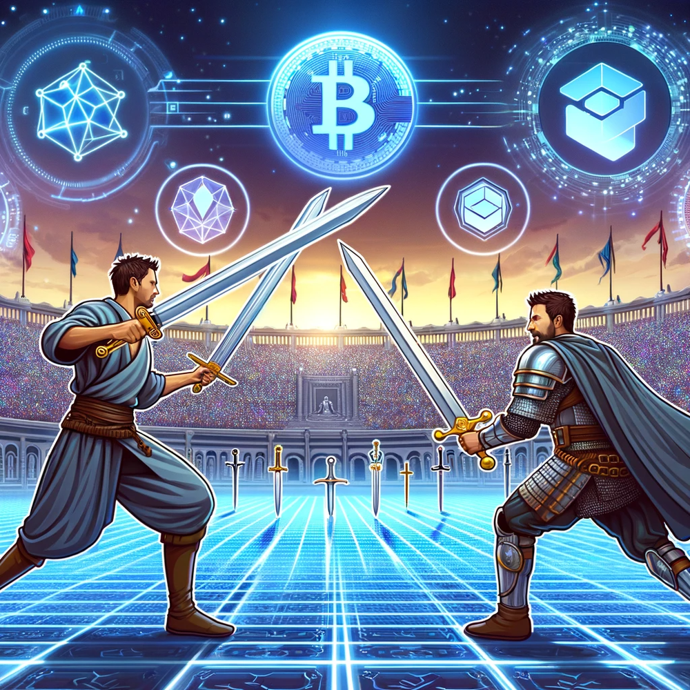 DALL·E 2024-01-04 13.13.24 - An illustration showing the two swordsmen, Dagger and Filecoin, in a grand arena filled with digital motifs and blockchain symbols. Dagger is agile an.png