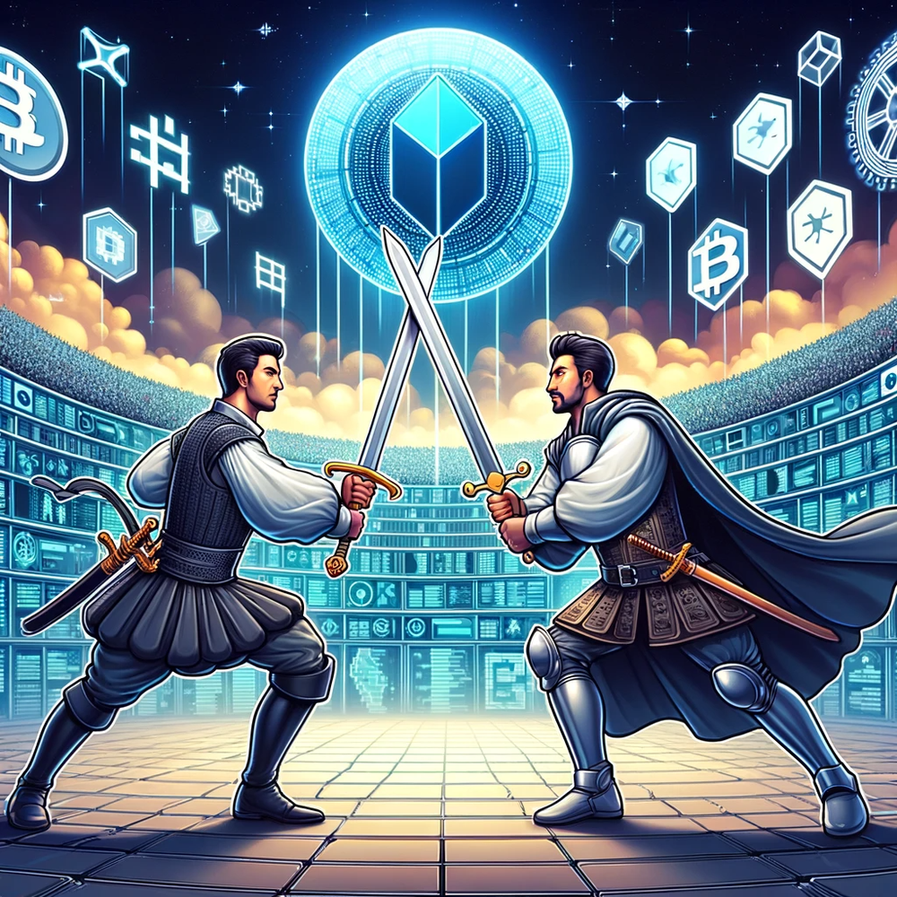 DALL·E 2024-01-04 13.32.11 - An illustration showing the two swordsmen, Dagger and Filecoin, in a grand arena filled with digital motifs and blockchain symbols. Dagger is agile an.png