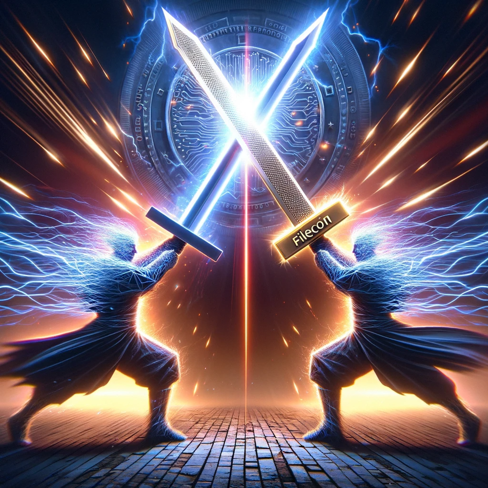 DALL·E 2024-01-04 13.13.27 - A dynamic scene depicting the intense moment where Dagger and Filecoin's swords clash, each sword emitting unique energy patterns that represent their.png