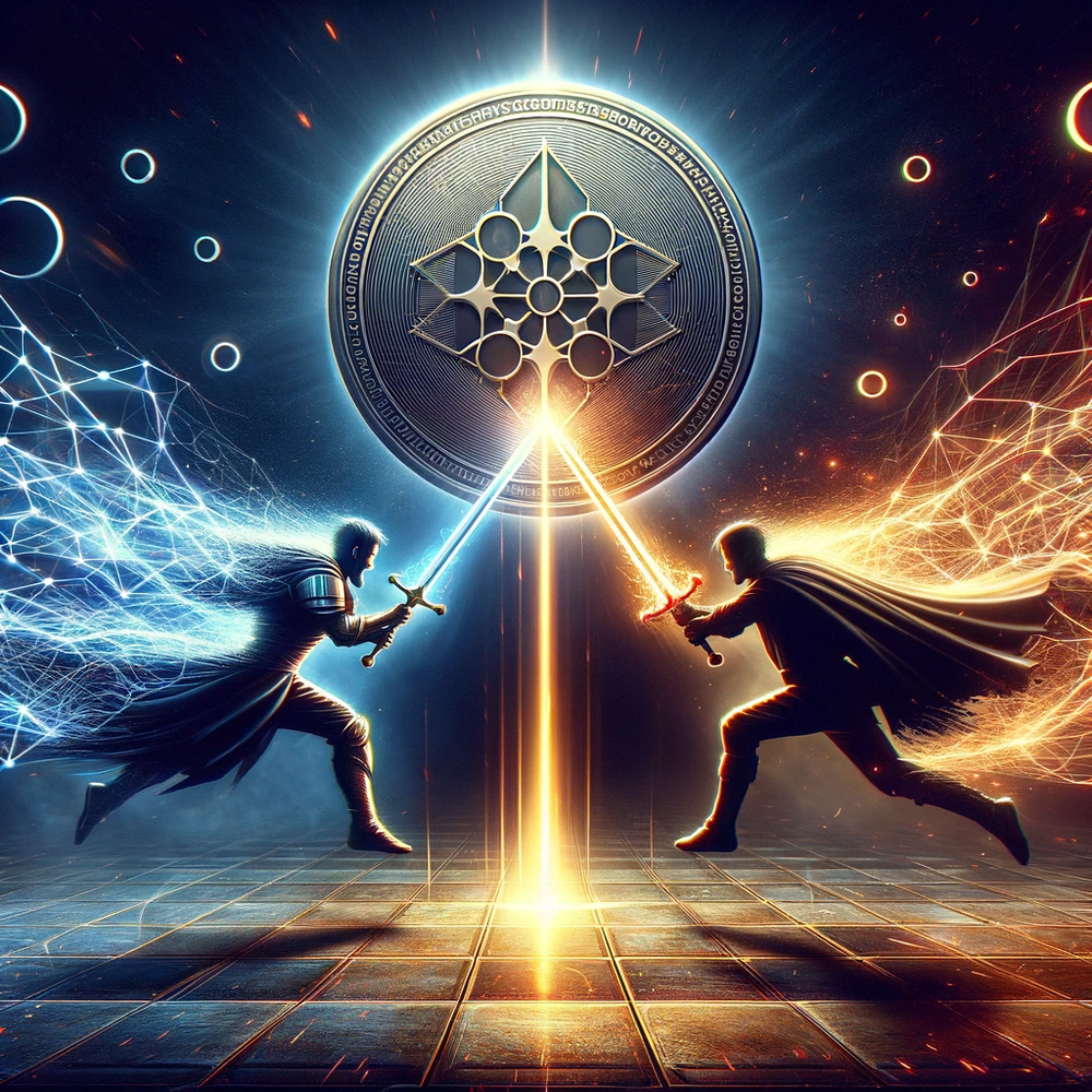 DALL·E 2024-01-04 13.32.13 - A dynamic scene depicting the intense moment where Dagger and Filecoin's swords clash, each sword emitting unique energy patterns that represent their.png