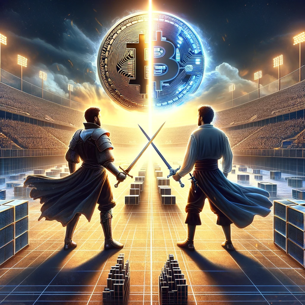DALL·E 2024-01-04 13.13.30 - A visionary image showing the aftermath of the duel, with the arena now transformed into a futuristic landscape of decentralized storage. Both swordsm.png