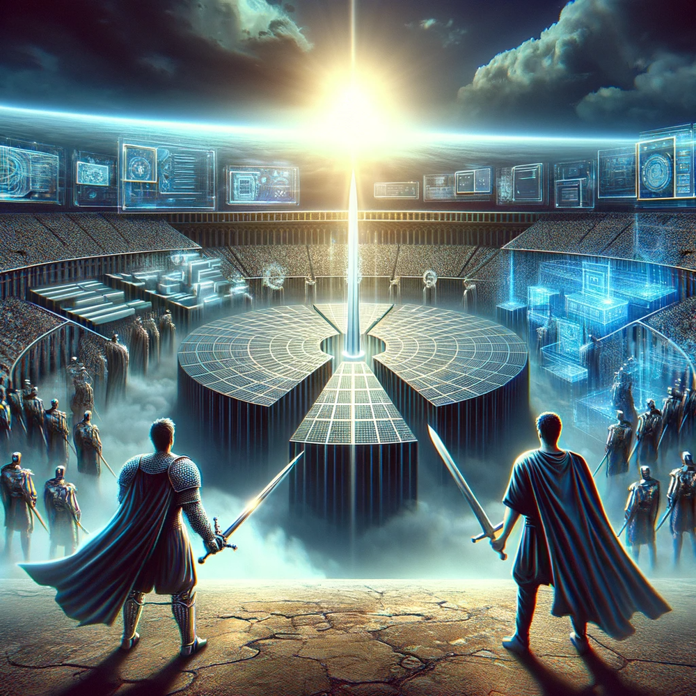 DALL·E 2024-01-04 13.32.16 - A visionary image showing the aftermath of the duel, with the arena now transformed into a futuristic landscape of decentralized storage. Both swordsm.png