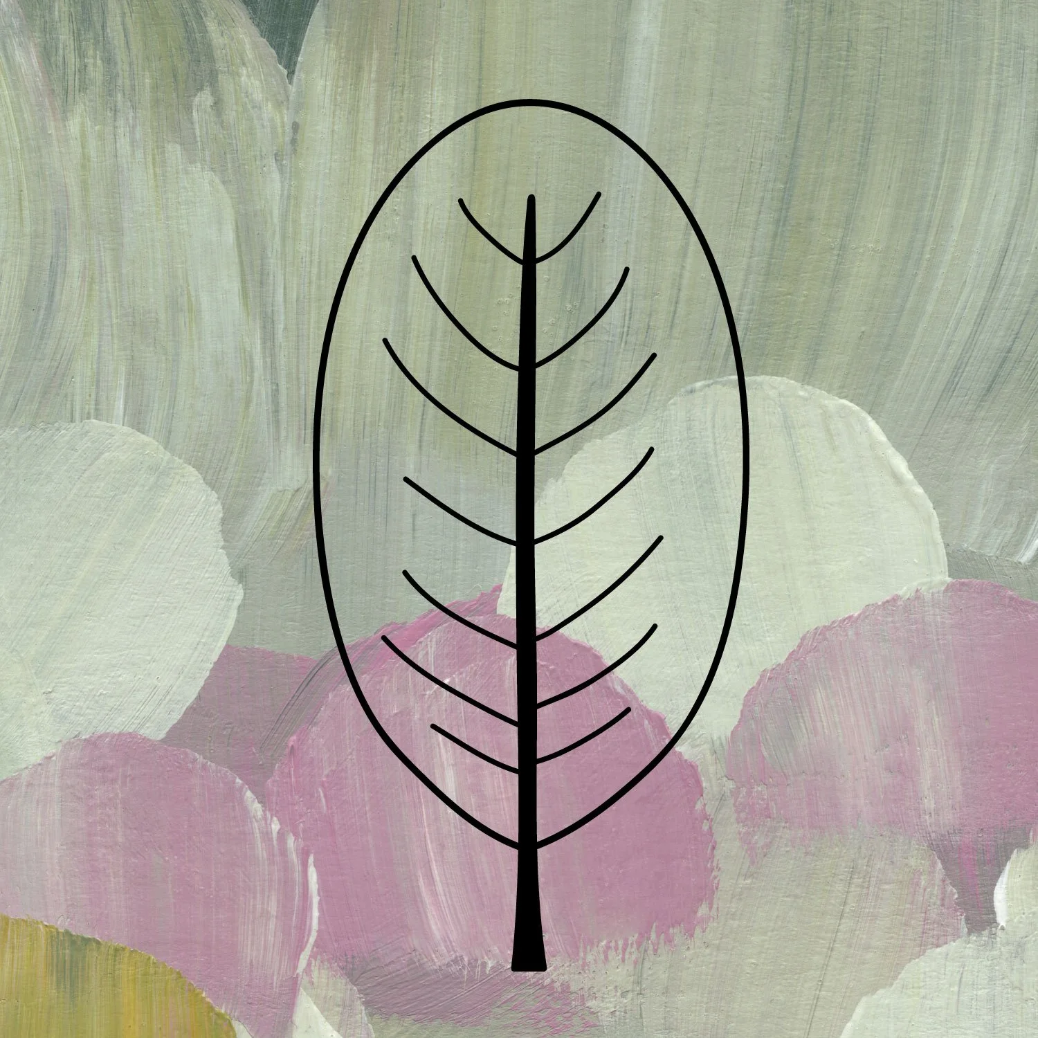 Line drawing of leaf on pink and green collage background representing Private voice lessons for kids and teens in Boston, MA.