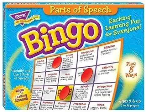 Bingo game box titled 'Parts of Speech' with colorful text and a chart showing parts of speech like adjectives, adverbs, and nouns, and a yellow starburst indicating it is for ages 9 and up.