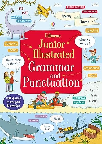 Cover of a children's grammar and punctuation book titled "Usborne Junior Illustrated Grammar and Punctuation". The cover features illustrations of a whale, a boy in a diving suit, two children with a boat, a whale, a boat, a helicopter, a dinosaur, 