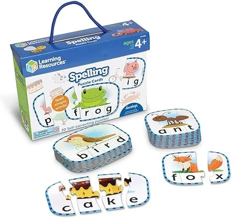 Box of spelling puzzle cards with animal and food images and words for children, age 4+.