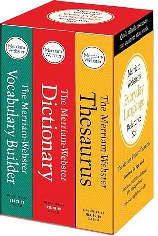 Set of three Merriam-Webster reference books: Vocabulary Builder in teal, Dictionary in red, and Thesaurus in yellow.