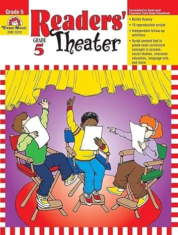 Colorful illustration of three children sitting in a circle on chairs on a red carpet, engaging in a discussion with one child raising their hand and another pointing, under a yellow curtain.