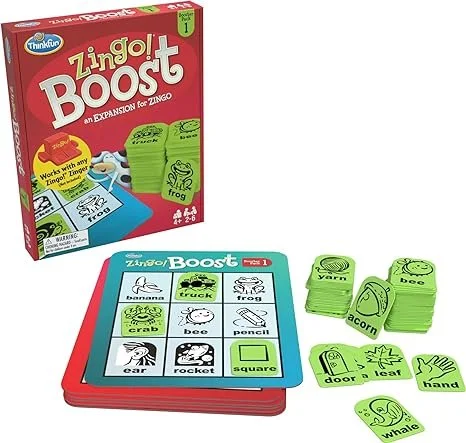 Zingo! Boost educational game box, game cards with images of objects, and green reward tokens with images of animals and objects.