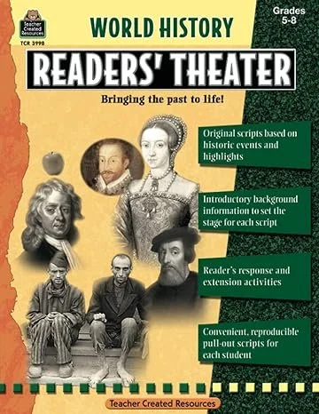 Cover of a World History Readers' Theater educational resource with historical figures and children, promoting bringing history to life through scripts based on historic events.