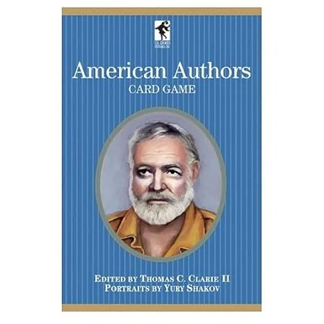 Cover of the American Authors card game featuring a portrait of an older man with a white beard and gray hair, against a blue background with vertical lines.