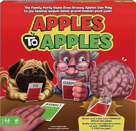 Box of 'Apples to Apples' family party game featuring a cartoon old woman with glasses, a pug dog, and a brain, with cards in front of them and the game's title in large red, green, and black letters.