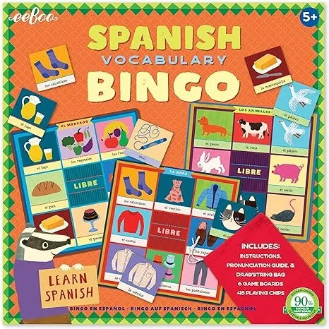 Spanish vocabulary bingo game with colorful cards featuring pictures of clothing, animals, and common objects, includes instructions and game boards.