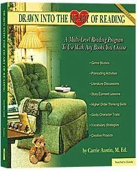 Cover of a book titled 'Drawn Into the Heart of Reading: A Multi-Level Reading Program to Be Used with Books by Choice' by Carrie Austin, M.Ed. It features a green armchair, a lamp, a teddy bear, and a small stuffed animal.