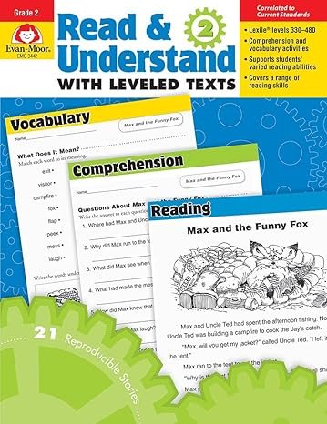Collection of educational books titled 'Read & Understand' with leveled texts, including vocabulary, comprehension, and reading activities, feature a cover with a gear design and a story about Max and the Funny Fox.