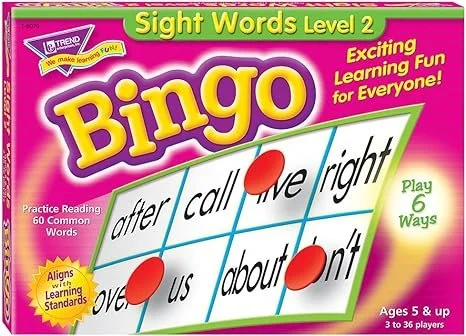 Educational Bingo game box titled 'Sight Words Level 2,' with the words 'after,' 'call,' 'have,' 'right,' 'over,' 'us,' 'about,' and 'don't' shown on the game sheet. The box highlights it is for ages 5 and up, with 3 to 36 players, and includes pract