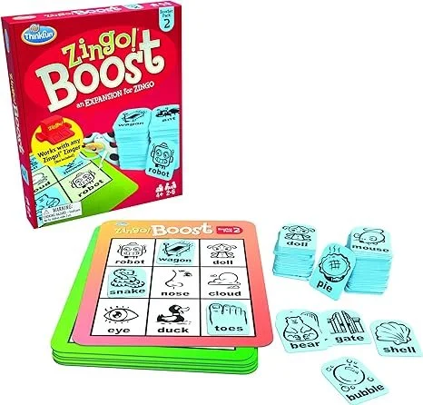 Zingo! Boost game box, picture tiles with pictures and words, and stack of matching tiles.