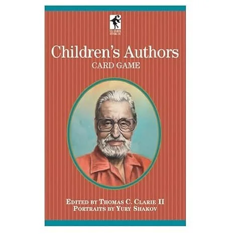 Book cover titled 'Children's Authors Card Game', edited by Thomas C. Clarie II, with portraits by Yury Shakov, featuring an illustrated portrait of an elderly man with glasses and a beard.