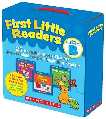Box of First Little Readers beginner books, 25 books, guided reading level B, includes titles like "Meet My Baby Brother," "Party Shapes," and "Gingerbread Soup."