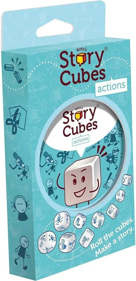 A teal box of Rory's Story Cubes Actions with a cutout window showing illustrated dice featuring various action images, and the tagline 'Roll the cubes. Make a story.'