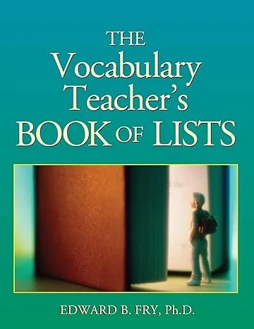 Cover of 'The Vocabulary Teacher's Book of Lists' by Edward B. Fry, featuring a person with a backpack looking at a row of large books.