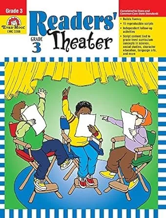 Three young students sitting in a classroom engaged in a theater activity, holding papers and pointing as they participate, with a colorful backdrop including yellow curtains.