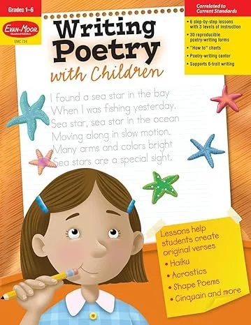 Cover of a children's book titled 'Writing Poetry with Children'. It features a cartoon girl with brown hair and blue hair clips, holding a pencil. The cover has colorful starfish illustrations and text advertising lessons on creating original verses