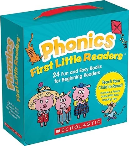 Blue box of Scholastic Phonics First Little Readers with cartoon pig characters and a small mouse