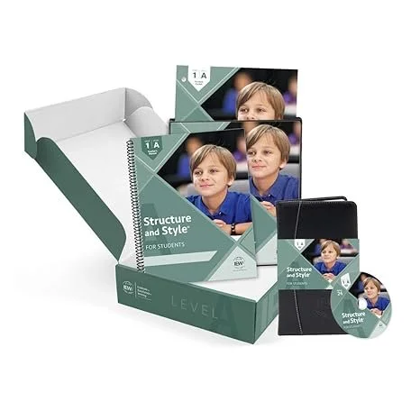 Educational set including a display box, a handbook titled 'Structure and Style for Students', a spiral notebook, a tablet, and a DVD, all branded with 'Level 1A' and featuring an image of a young boy.