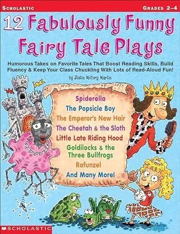 Book cover titled 'Fabulously Funny Fairy Tale Plays' for grades 2-4, featuring a cartoon princess with a crown, a prince, and various fairy tale characters including frogs, a witch, and animals in a colorful, whimsical style.