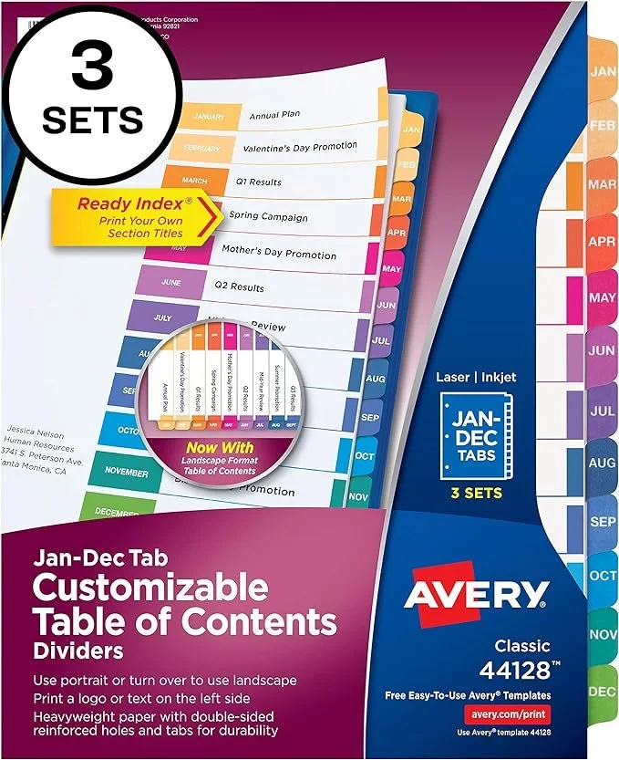 A package of Avery customizable tab dividers with 3 sets, featuring January to December months, designed for use with laser inkjet printers. The package highlights features such as landscape format and durability, with a focus on printable section ti