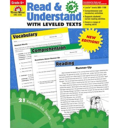 Cover of a children's educational workbook titled "Read & Understand with leveled texts," featuring sections on vocabulary, comprehension, and reading, with bright colors and a yellow "New Edition" badge.