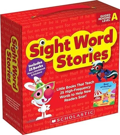 Red box of Scholastic Sight Word Stories educational books, featuring colorful bunny and raccoon characters, and a small picture of a bear at the fair.