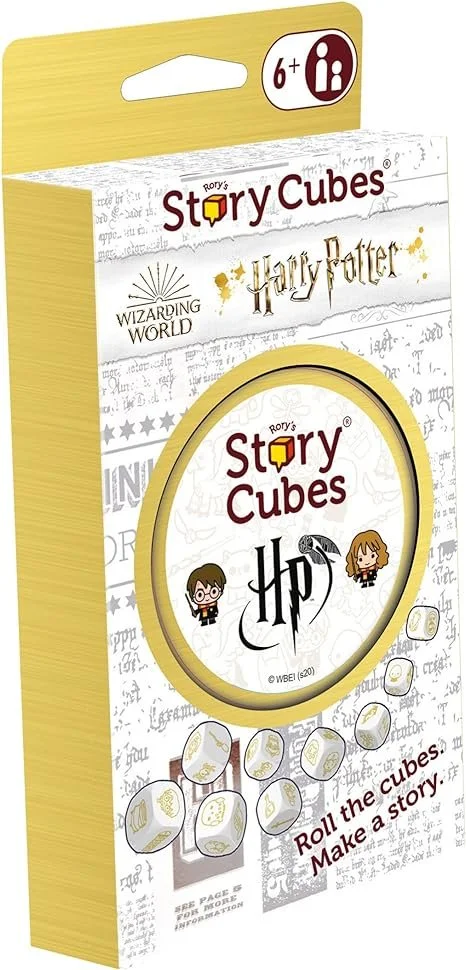 The packaging of Rory's Harry Potter story cubes game, designed for ages 6 and up, featuring Harry Potter characters and the Hogwarts logo, with dice and the instruction to roll and make a story.