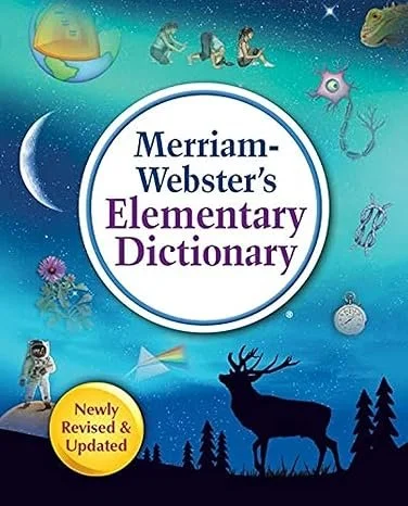 Cover of Merriam-Webster's Elementary Dictionary featuring a starry sky, moon, planets, children reading, animals, and nature scenes.